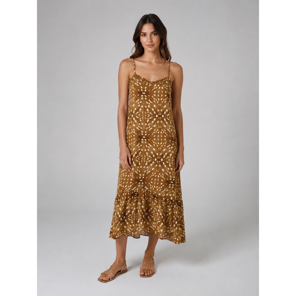 BTFBM Women's Boho Printed Ruffle Hem Midi Dress Camel White Spaghetti Strap S